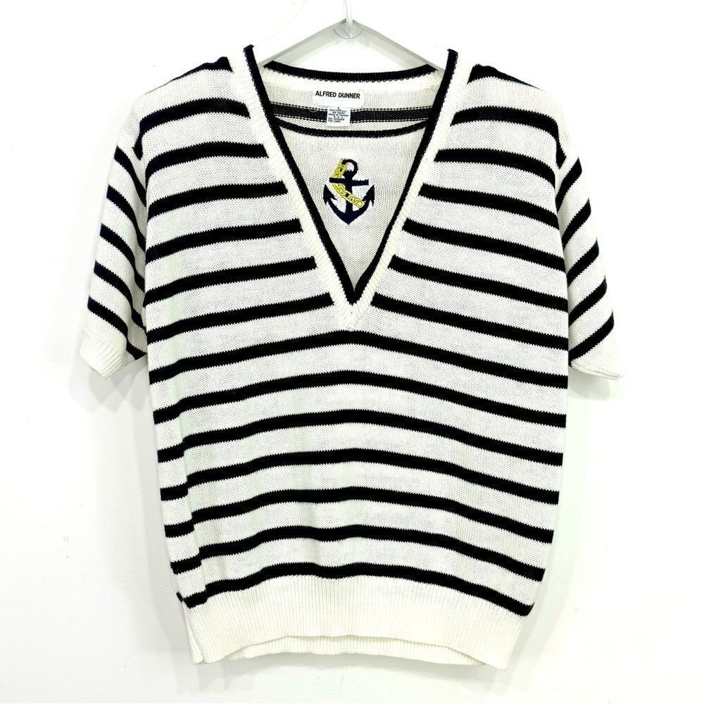 Alfred Dunner White Blue Stripe Anchor Embroidered Neck Retro Fisherman Sweater